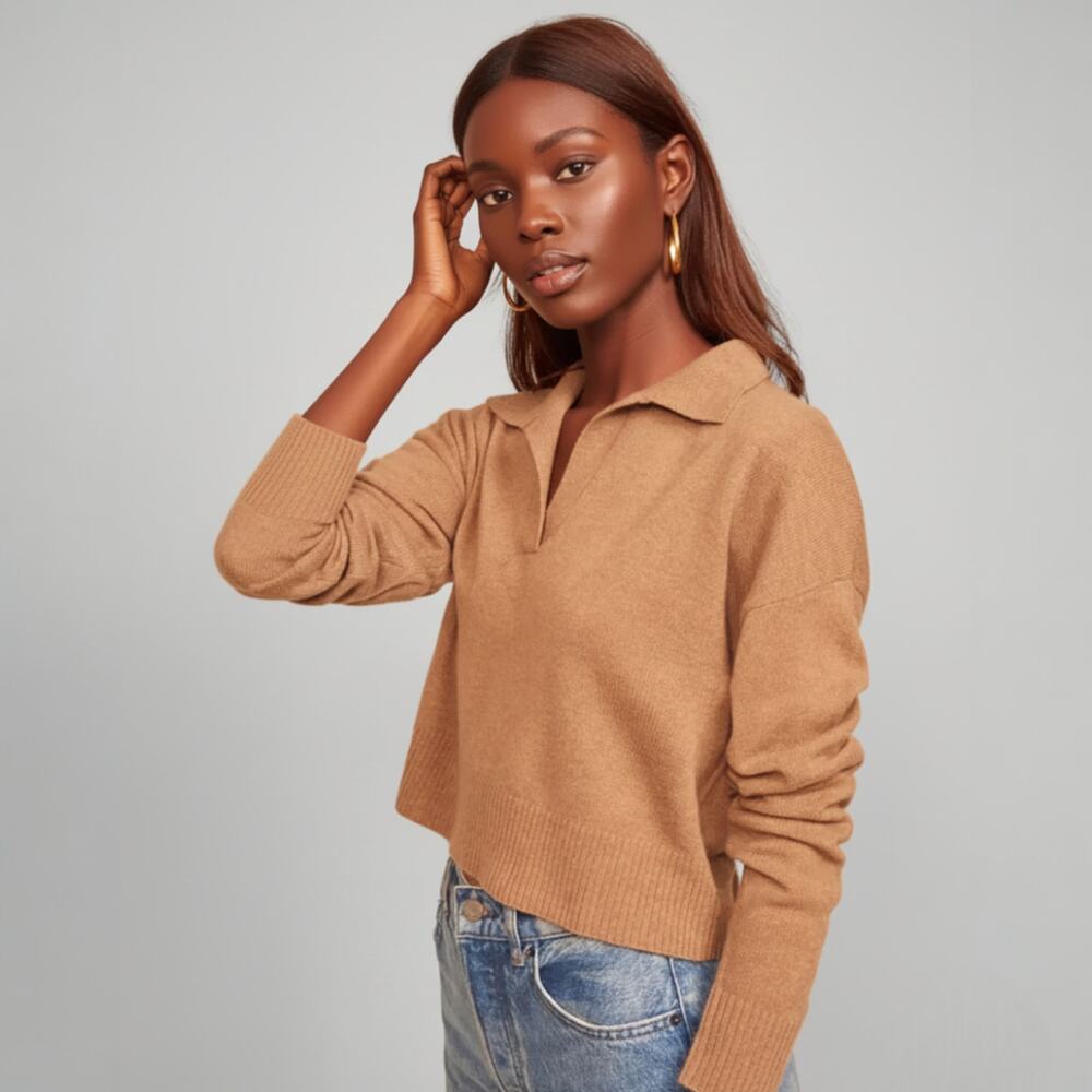 Reformation 100% Cashmere Polo Crop Sweater in Camel Size Small